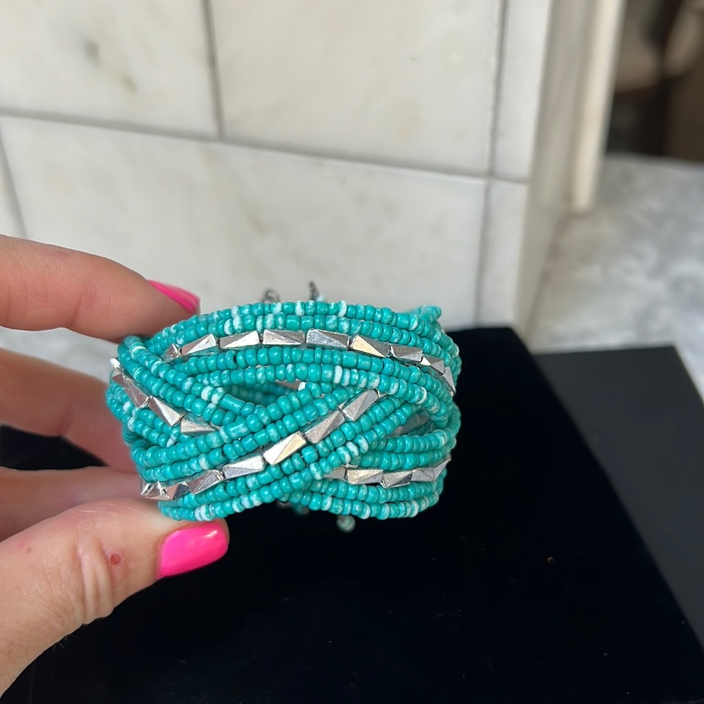 Adjustable silver and teal bracelet
